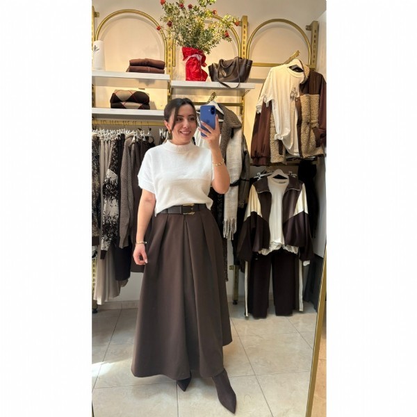 Kemer Detaylı Pileli Midi Etek